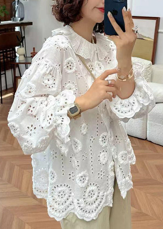 French Handmade White Puff Sleeve Hollow Out Floral Cotton Top Blouse